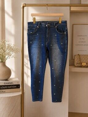 Copper Flash High-Rise Dark Blue Rhinestone-Embellished Skinny Jeans Size 16